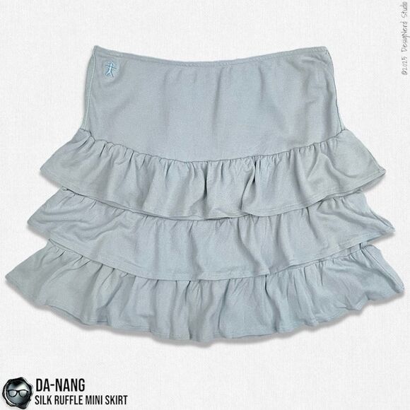 DA-NANG SURPLUS VINTAGE INDO-CHINE SILK TIERED RUFFLE MINI SKIRT PALE MUTED BLUE - Picture 1 of 9